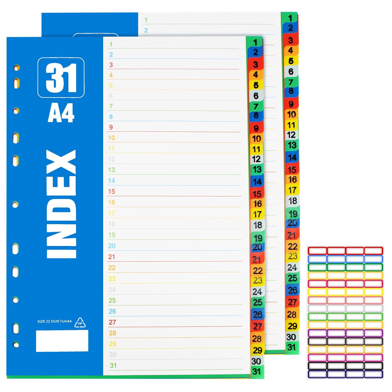 BORISCA 2 Pack 31 Part File Dividers A4 with 64 Color Label Stickers Plastic Folder Dividers A4 Coloured Ring Binder Dividers for Lever Arch Files Index Dividers for Office School