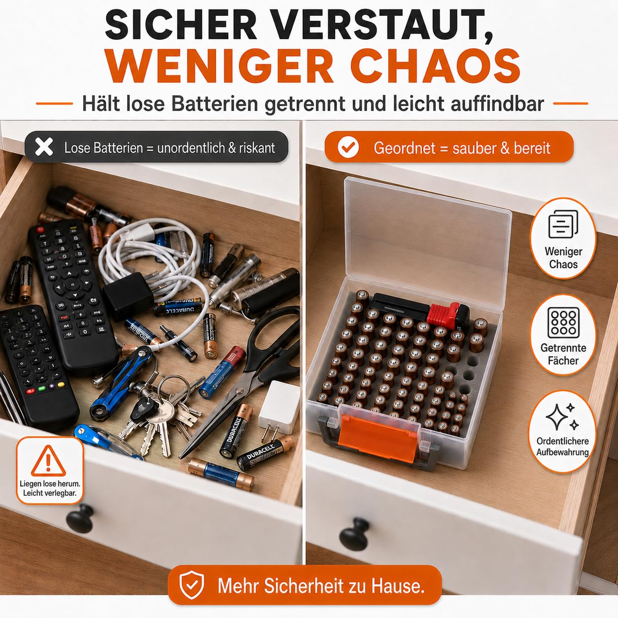 FULLCASE Battery Organizer, Batteriebox mit Tester, Batterie-Aufbewahrungsbox für 34 AA-/30 AAA-Batterien, kompakter Batteriehalter aus Kunststoff für Küchenschublade, Werkzeugkasten und Camping-Set