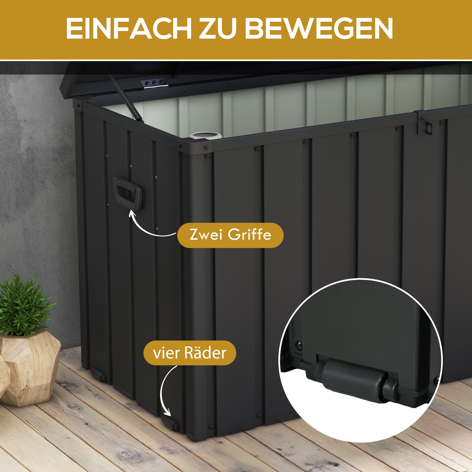 Outsunny Skrzynka ogrodowa, 450 l, ze sprężynami gazowymi, na balkon, do ogrodu, kolor ciemnoszary | Skrzynia do przechowywania, skrzynia do przechowywania, pudełko do przechowywania z kółkami, stal