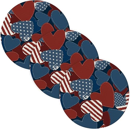 3 Pcs Trivet Mat for Hot Dishes 15in Cotton Thread Weave Heat Resistant Table Mats for Hot Pot Plate Holder American Flag 4th July Heart Happy