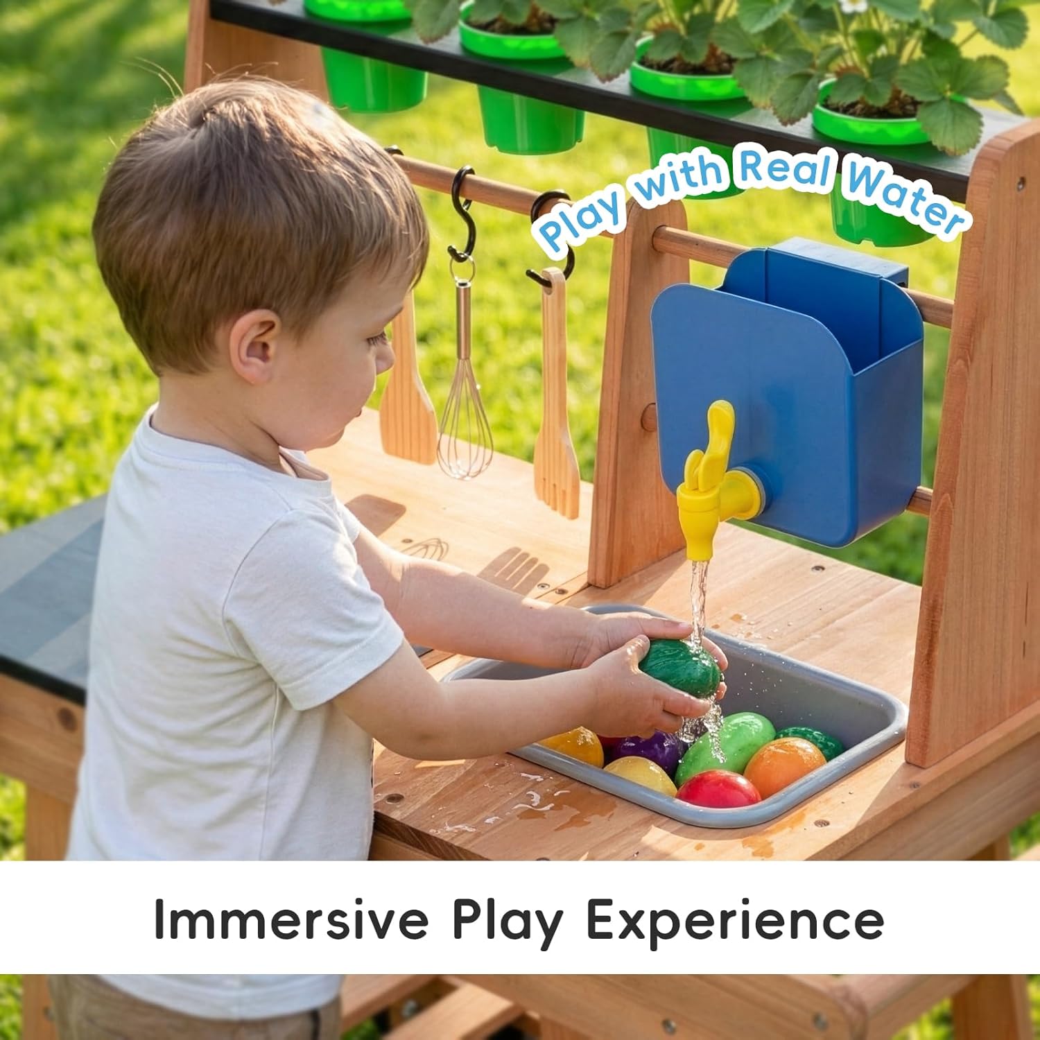 Mud Kitchen for Kids Outdoor with Wheels, Wooden Outdoor Play Kitchen with Removable Sink, Flipable Stove, Ideal Toy for Toddlers Ages 3+