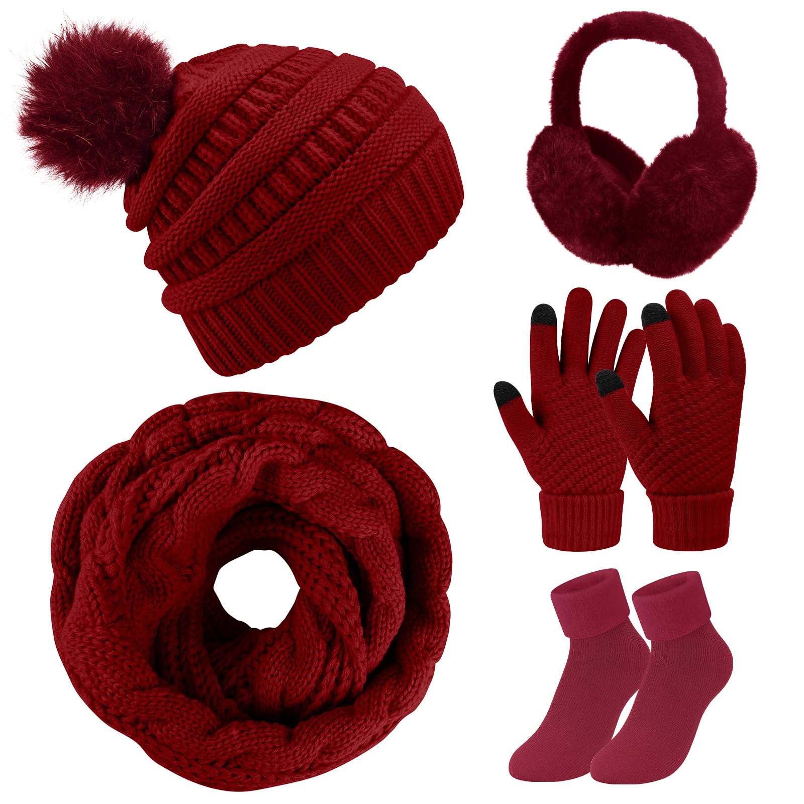 Vijamiy Sciarpa e Cappello Donna Guanti Donna Touch Screen Paraorecchie E Calzini Termici Invernali Set 5 Pezzi Antivento Calore Scaldacollo Regali Invernali(Grigio)