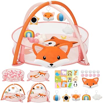 7-in-1 XL Large Baby Play Gym Mat, Tummy Time Mat, Baby Gym & Ball Pit, Baby Activity Mat with Milestone Cards & 6 Detachable Toys for Sensory Motor Skill, Fox