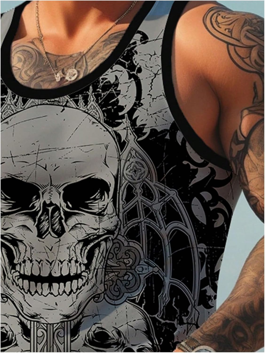 WDIRARA Men's Gothic Skull Print Tank Top Sleeveless Crew Neck Athletic Workout Tops - Image 2