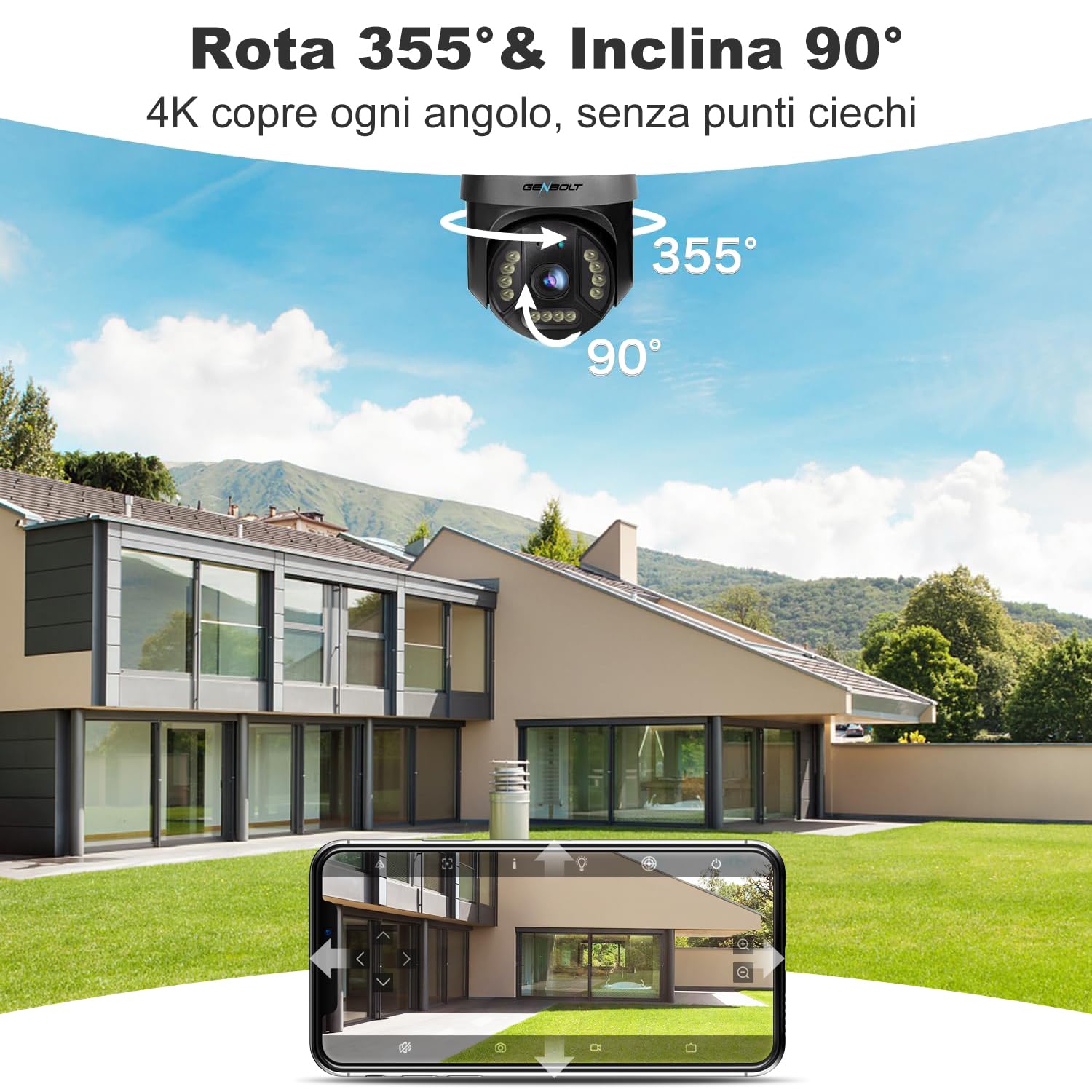 GENBOLT 4K PoE Telecamera Wi-Fi Esterno, 8MP PTZ Videocamera Sorveglianza | Rilevamento Persone/Veicoli, Registrazione 24/7, Inseguimento Auto, Visione Notturna Colore