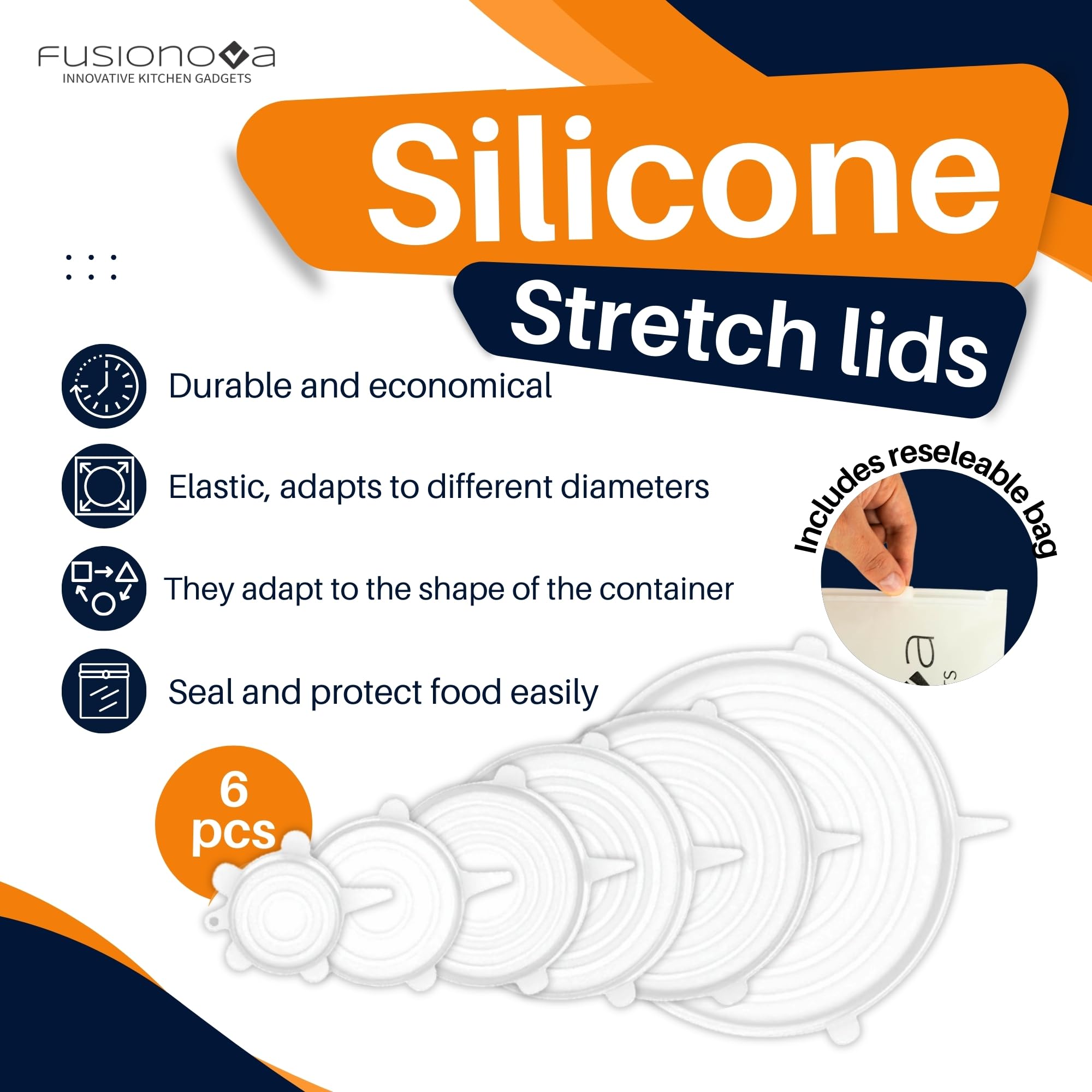 FUSIONOVA 6pcs Reusable Silicone Stretch Lids - Reusable Lids for Bowls - Stretchable Silicone Lids - Reusable Stretch Wrap - Silicone Lids for Food Storage - Reusable Food Wrap - Reusable Bowl Covers 4