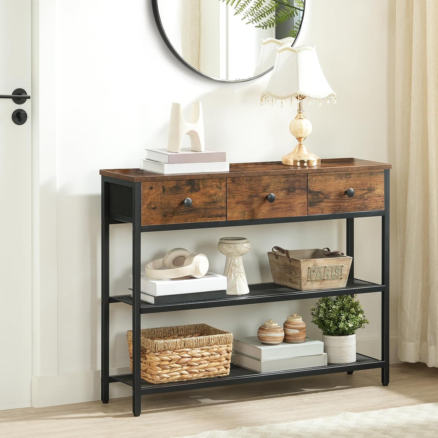 Close-up of the rustic brown particleboard top and black metal frame of the HOOBRO console table.