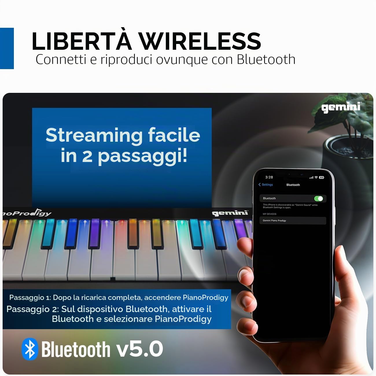 Gemini Sound PianoProdigy: Tastiera MIDI Wireless Illuminata a 24 tasti GPP-101, È Necessario Connettersi al Dispositivo iOS/Android per l'Audio, Espandibile, Bluetooth, Portatile