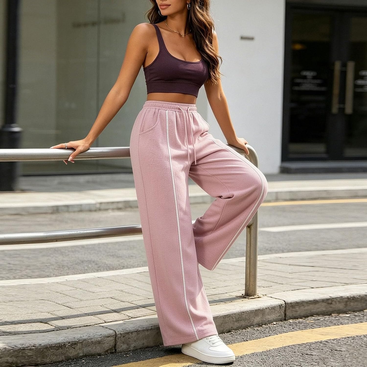 Womens Linen Wide Leg Pants Drawstring High Waisted Front Seam Pants Loose Fit Comfy Casual Trendy Palazzo Trousers