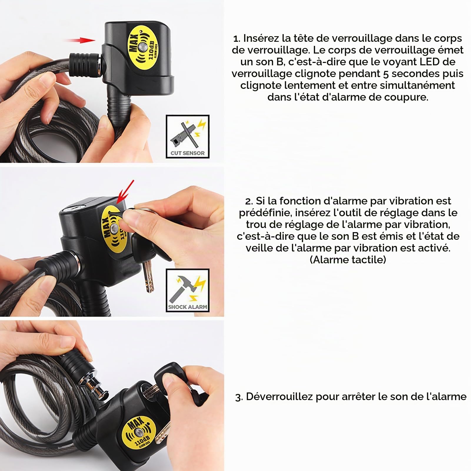 Antivol Vélo 1,2m Câble Alarme 110dB Serrure Chaîne Sécurité Renforcée pour Bicyclettes et Scooters Verrouillage Double