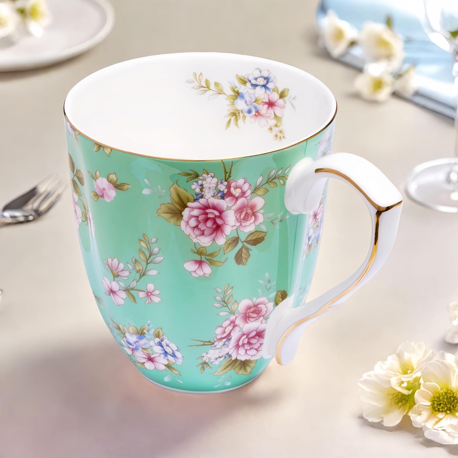 13oz Bone China Floral Mug with Gold Bone China Coffee Mugs Bone Teacup Christmas Mugs Birthday Gifts for Women Mom Friends Coworker - Image 5