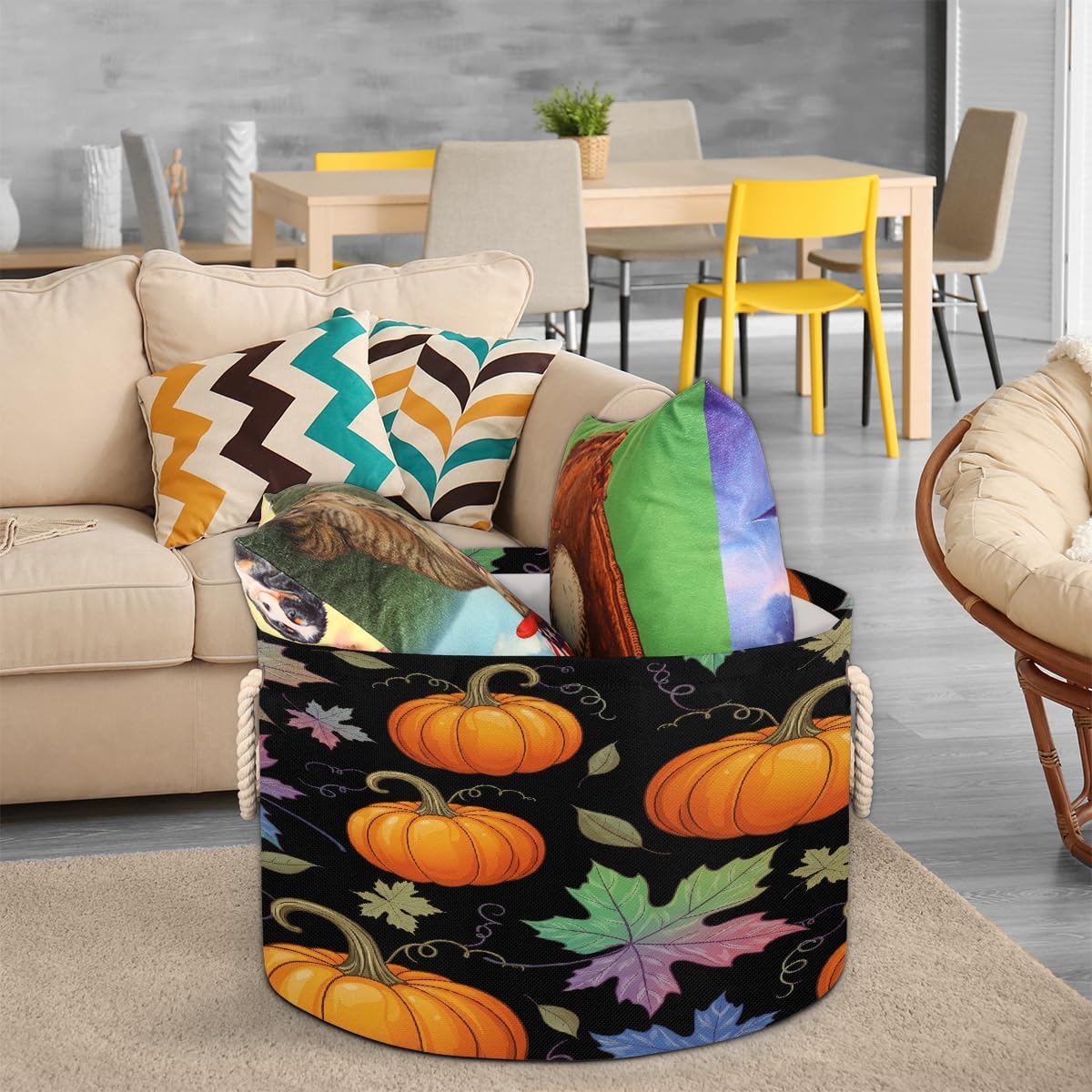 Large Storage Baskets - Pumpkin Fall Leaf Boho Nursery Round Collapsible Organizer Bin Box, Laundry Hamper for Kids Toys, Blanket, Bedroom Living Room Home Decor, Gift Basket, 19.4"x13.3"