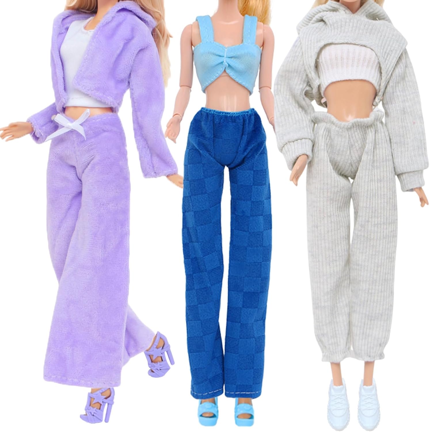3 Sets Handmade Doll Clothes for 11.5 inch Girls Dolls Accessories, Spring Summer Winter Sport Style Outfits with Pants & Shoes (Blue/Purple/White)