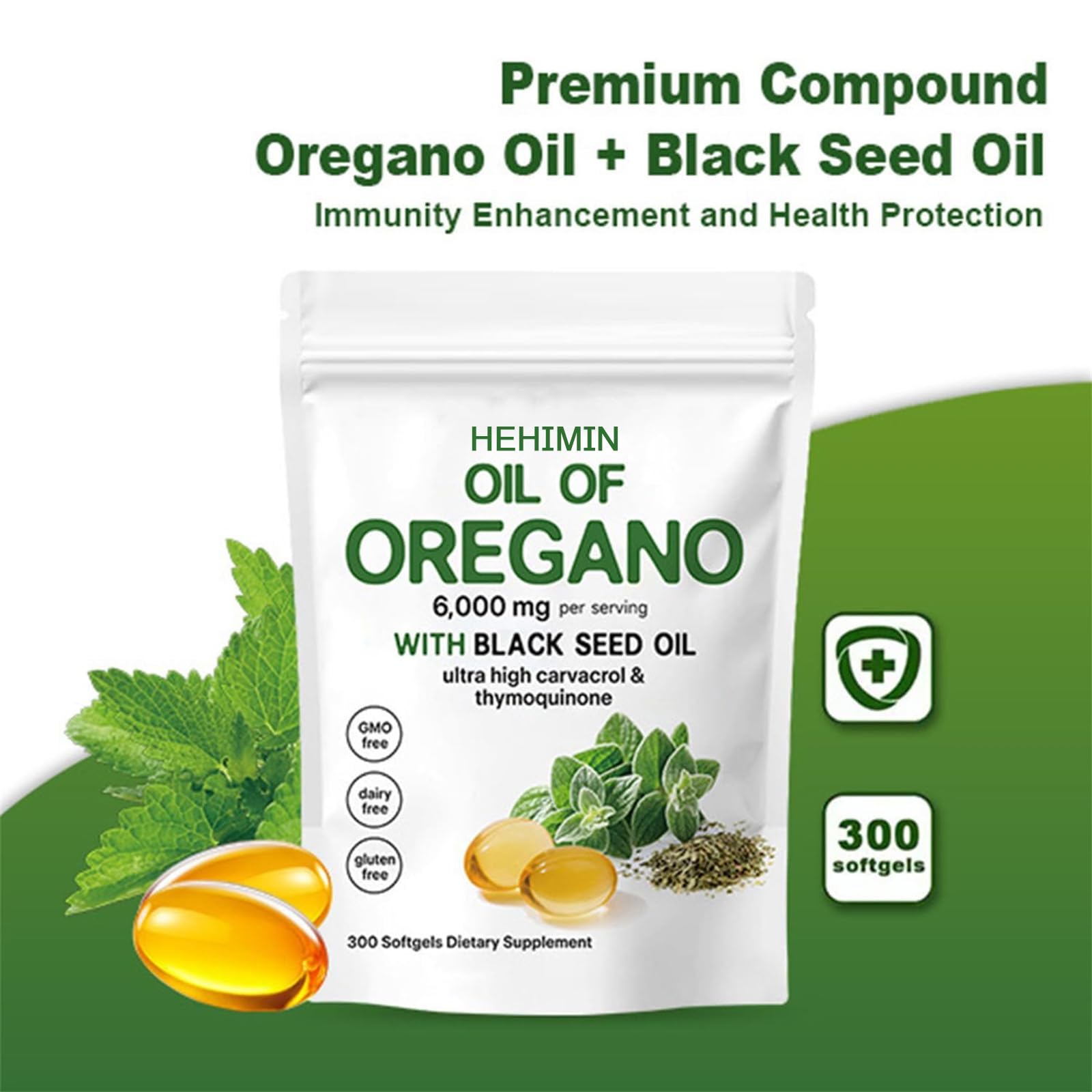 Olio di origano Softgels, 2 in 1 6000 mg olio di origano con oli di semi neri, capsule di integratore di origano, facili da ingoiare, immunità naturalmente, ricco di nutrienti, esperienza di benessere