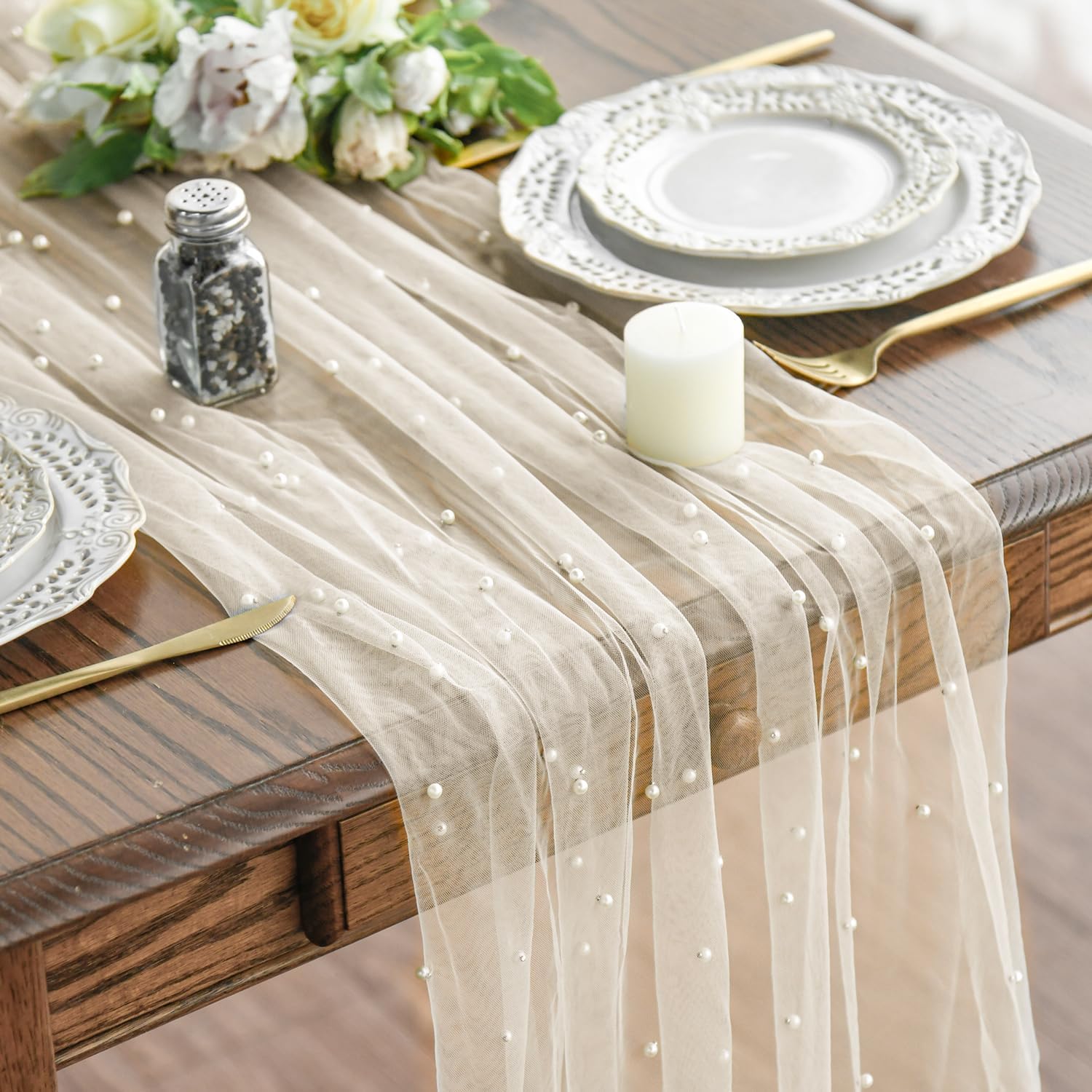 Artoid Mode Pearl Beige Sheer Gauze Table Runner 120 Inch 10FT - Elegant Holiday Wedding Dining Party Decor