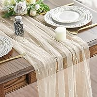 Artoid Mode Pearl Beige Sheer Gauze Table Runner 120 Inch 10FT - Elegant Holiday Wedding Dining Party Decor