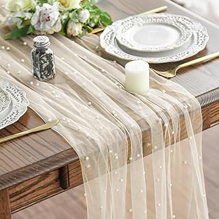 Artoid Mode Pearl Beige Gauze Table Runner 120 Inch 10FT, Seasonal Sheer Dining Holiday Wedding Birthday Baby Shower Table Decor for Home Party