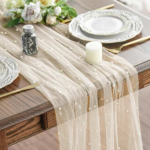 Artoid Mode Pearl Beige Gauze Table Runner 120 Inch 10FT, Seasonal Sheer...