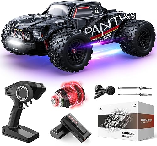 DEERC Camión todoterreno 114 Fast Extreme de 70 kph 4 x 4, 7 modos de iluminación, control remoto con 2 baterías de iones de litio, camión eléctrico