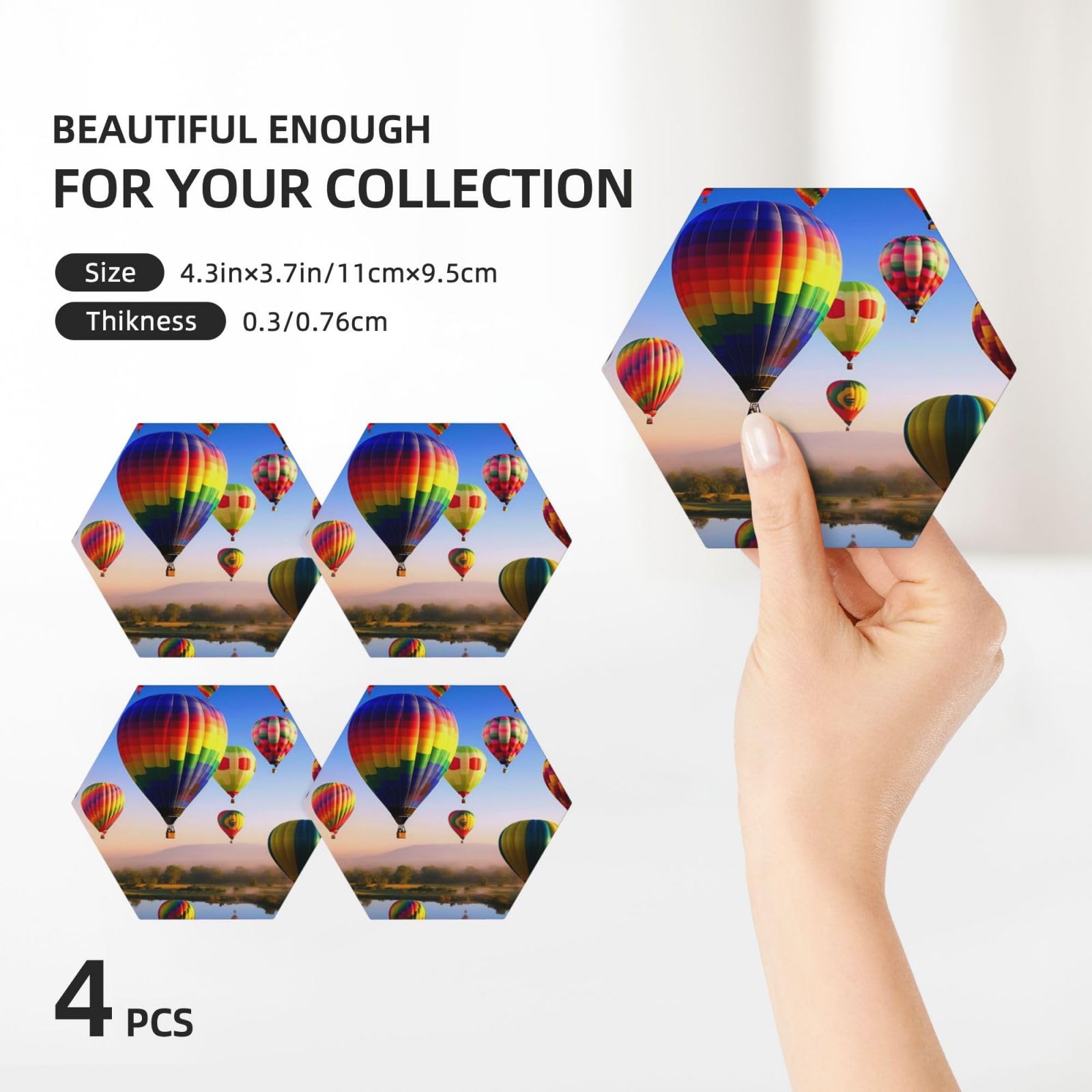 Lot de 4 dessous-de-verre décoratifs en céramique imprimés montgolfières