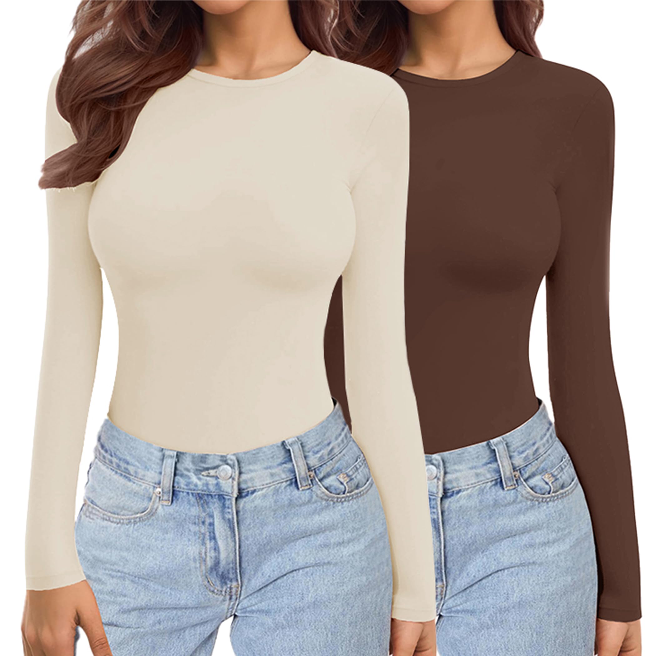 Ekouaer Damen 2 Pack Langarmshirt Rundhlas Unterhemd Layer Tee Warm Thermo Oberteil Slim Fit Basic Tops XS-XXL