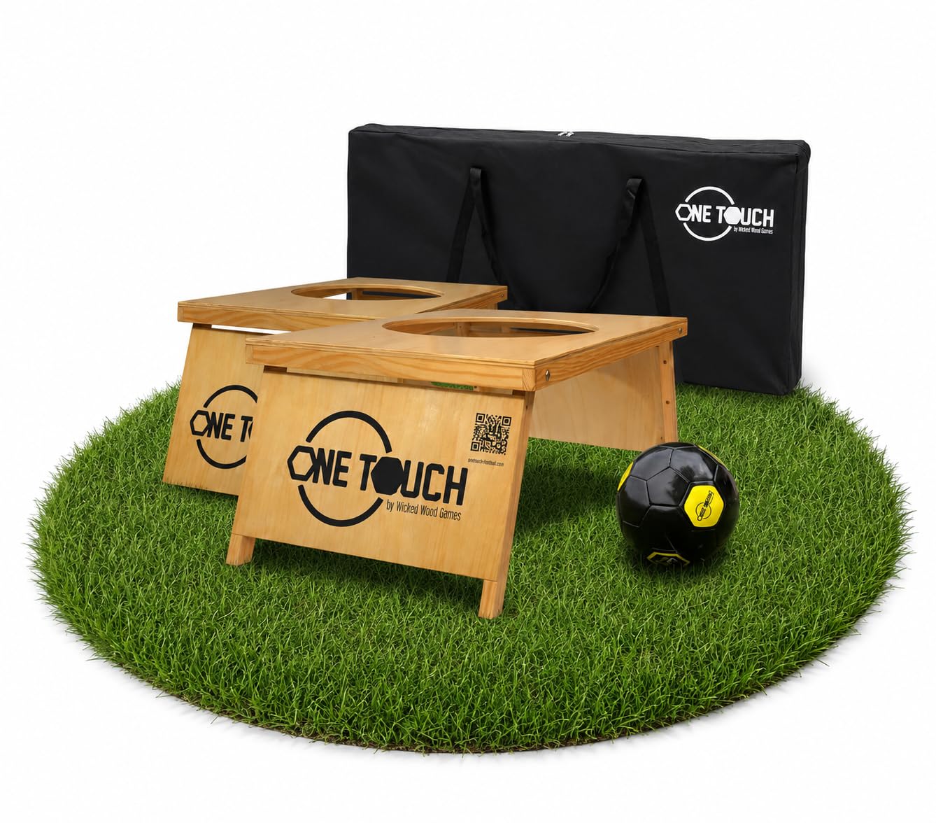 OneTouch Fußball-Cornhole Set aus Holz – Komplettes Outdoor Fußballspiel inkl. 2 Boards, Premium Matchball & Tragetasche – Fußball Zielspiel für Garten, Verein, Camping & Freizeit