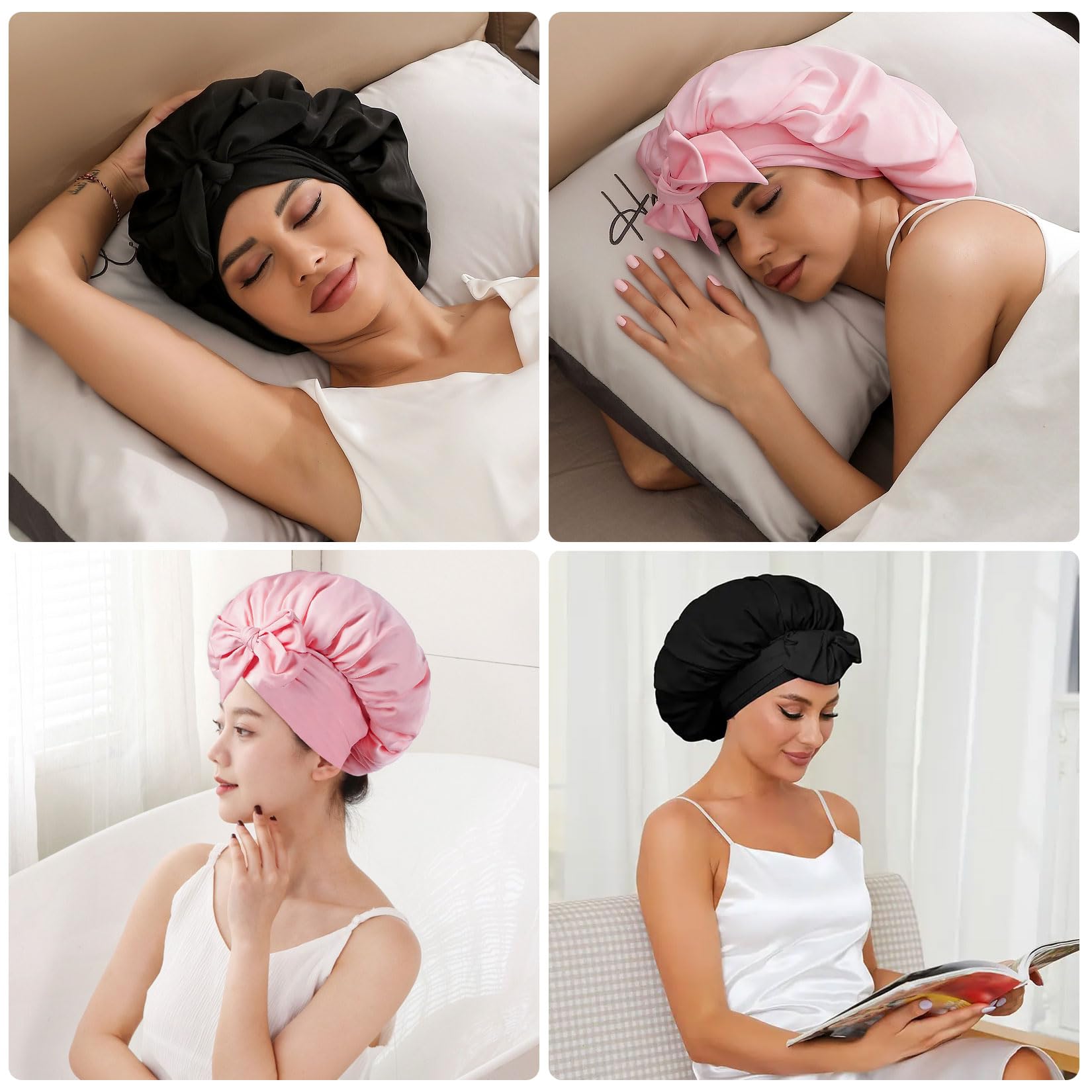 2 Pz Cuffia Seta Capelli Notte Ricci, Silk Bonnet Seta per Capelli Ricci, Cuffia in Setas per Dormire, Cuffie per Dormire Capello Lunghi Corti, Cuffietta in Raso per Notte+ 2 Elastici per Capellio