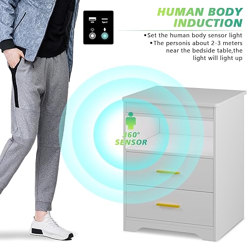 Miniatura 11 de Mesita de noche LED con cajón de pistola con cerradura, mesa auxiliar con estación de carga, mesita de noche con luz LED regulable de 3 colores a
