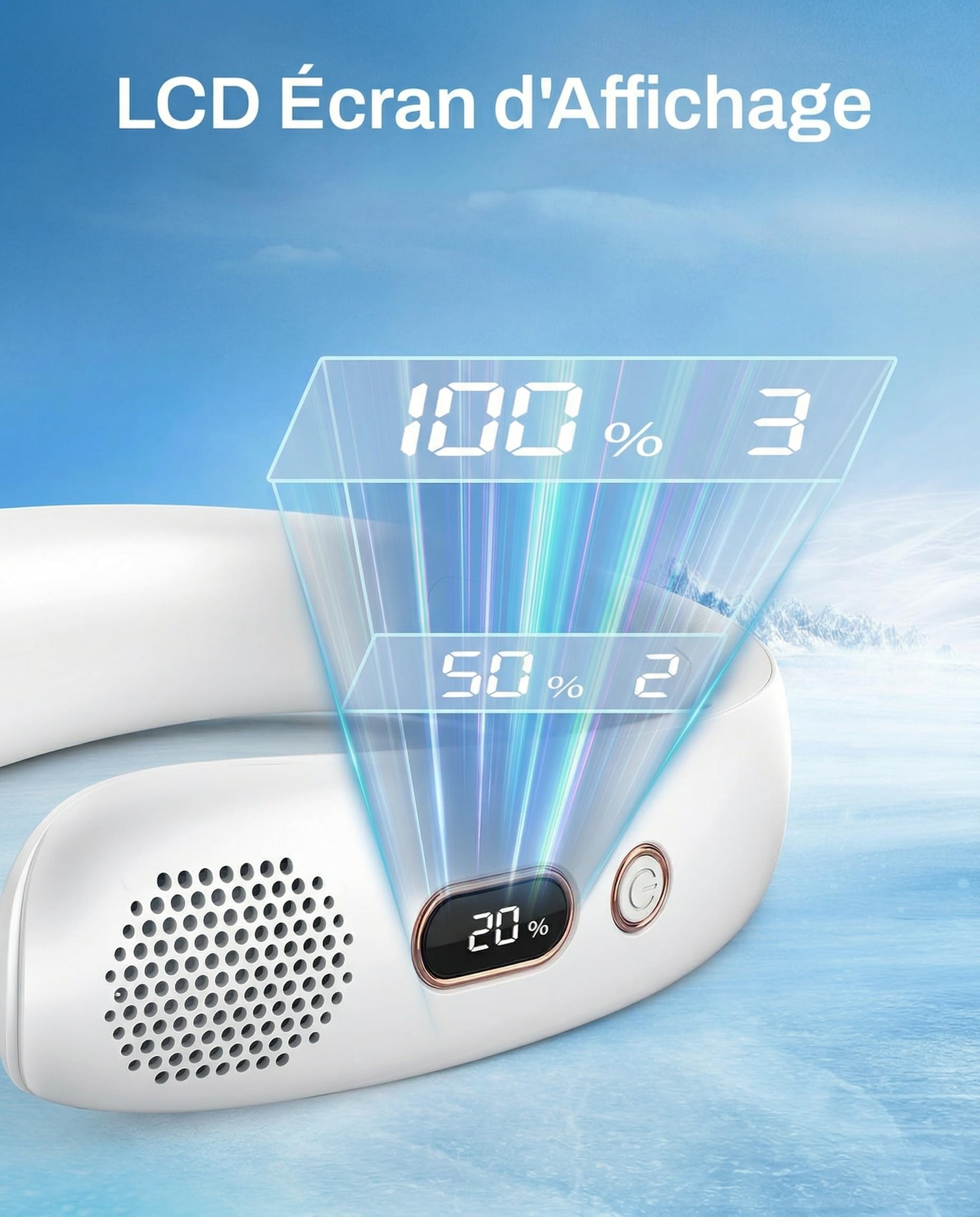 Ventilateur de Cou, 360° Ventilateur Portable Silencieux, 3 Vitesses Ventilateur Cou USB avec Affichage LED, Petit Ventilateur Sans Pale Personnel pour Domicile,Bureau,Voyage,Sport,Yoga