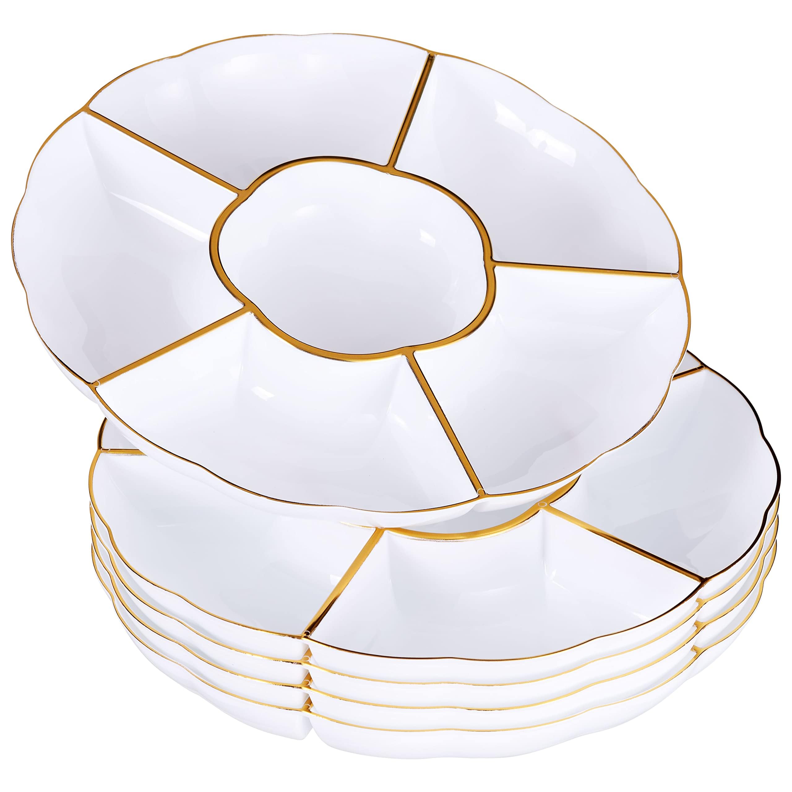 MATANA 15 White 6-Compartment Plastic Trays with Gold Rim, 30cm - 6 Section Food Serving Platters for Party Snacks, Appetizers, Fruits, Nibbles, Condiments - Sturdy & Reusable