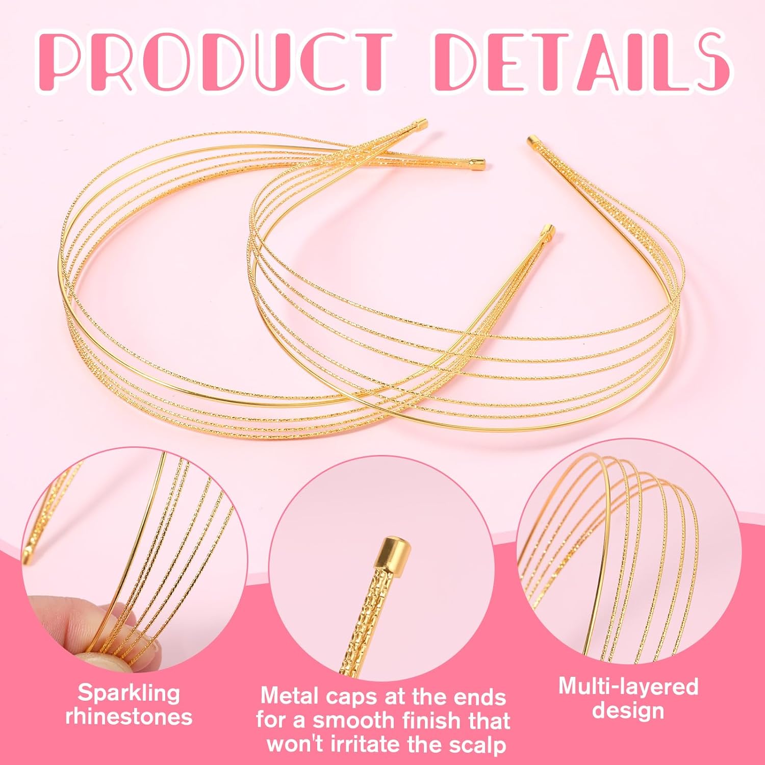 2Pcs Gold Multi Layers Metal Headbands for Women, Elegant Gold Thin Headband Metal Layered Hairbands Headpiece Non Slip Hair Accessories Valentine's Day Gifts Suitable for Most Occasion - Image 3