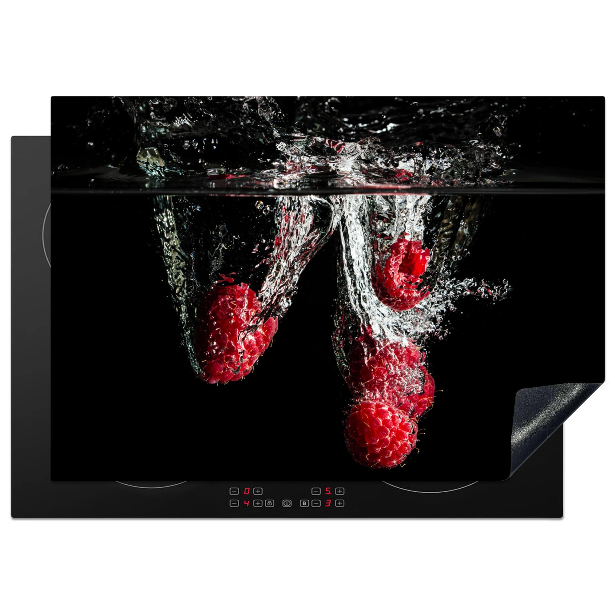KitchenYeah© Induction Hob Protector Mat 20.5"x29.5" / 75x52 cm Cooker Top Protectors Cover Ceramic Covers Electric Hobs Vinyl Raspberries - Fruit - Still Life - Water - Black - Red