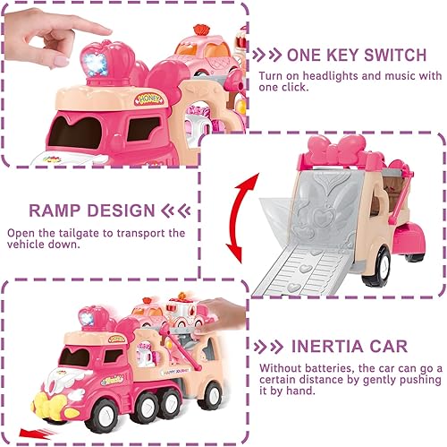 Miniatura 7 de Camión portador 9 en 1 de juguete - Coche de princesa rosa con luz y sonido - Juguetes para niños pequeños de 1 a 4 años