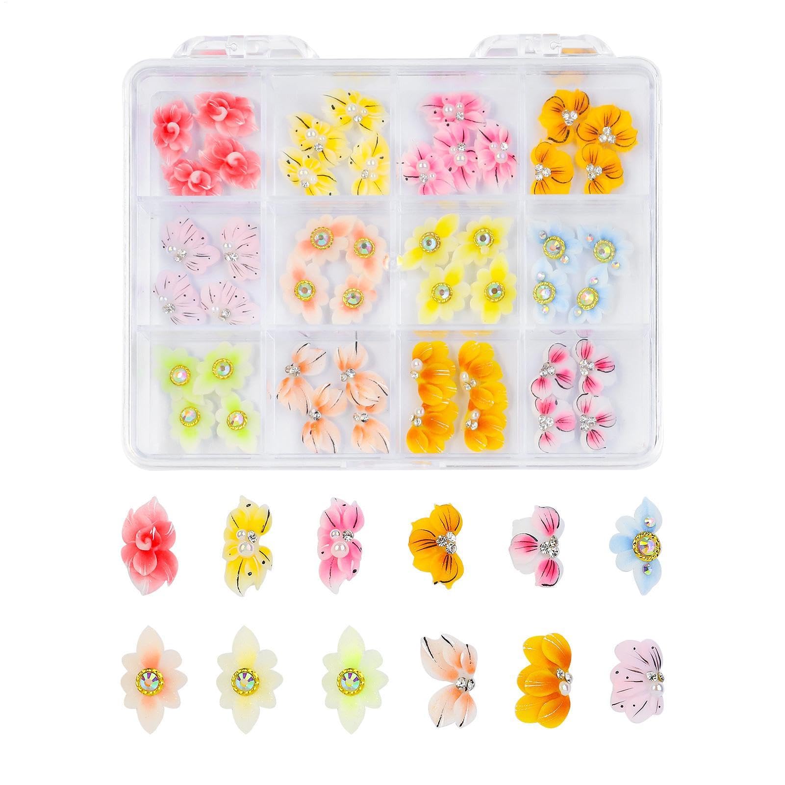 per unghie, ciondolo per unghie con fiori per unghie in resina 48X | di simulazione delle unghie intagliato a mano con scatola trasparente per scatola del telefono cellulare