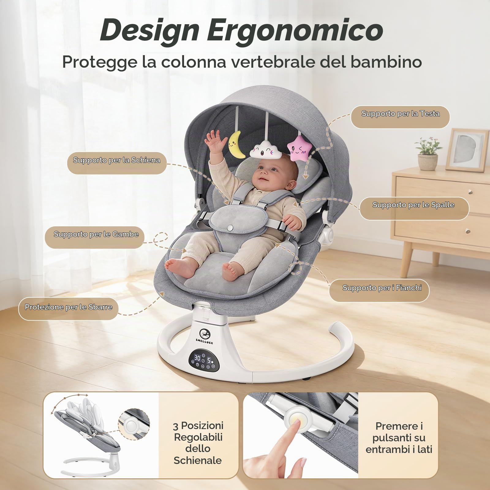Sdraietta Neonati Elettrica, Dondolo Automatico con Schienale 3 Posizioni | 5 velocità, 12 melodie rilassanti, timer 8/15/30 min, telecomando, cuscino rimovibile, 3 alimentazioni