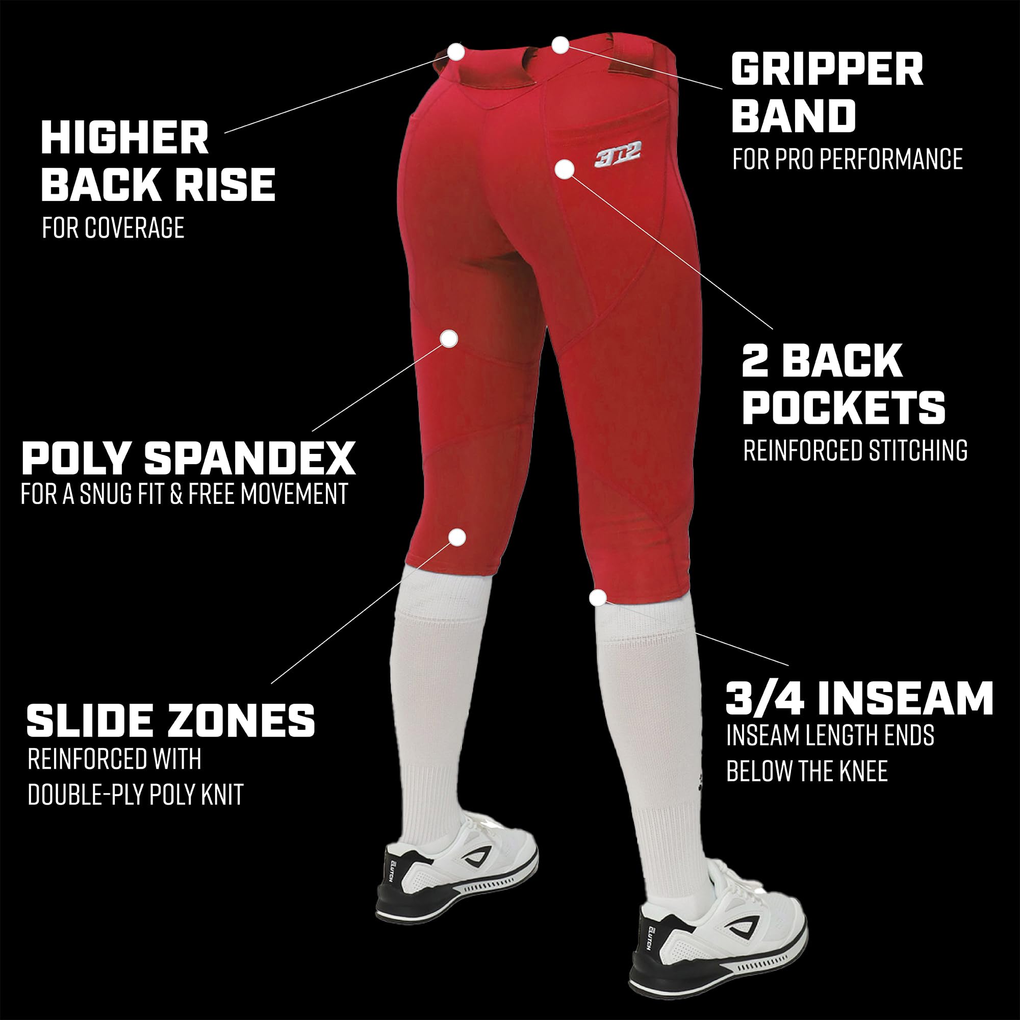 3N2 NuFit Pro 3/4-Softball-Höschen für Damen, Fastpitch Softball-Hose mit verstärkten Knien und Gleitzonen