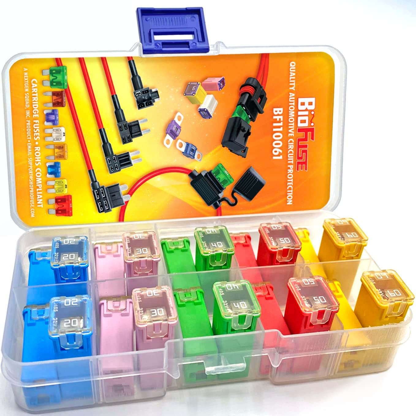 JCASE 20-Piece Cartridge Fuse Assortment 20A 30A 40A 50A 60A (4 Each). Fits Most: Nissan, Toyota, Chrysler, Dodge, Chevy, GM, and Ford