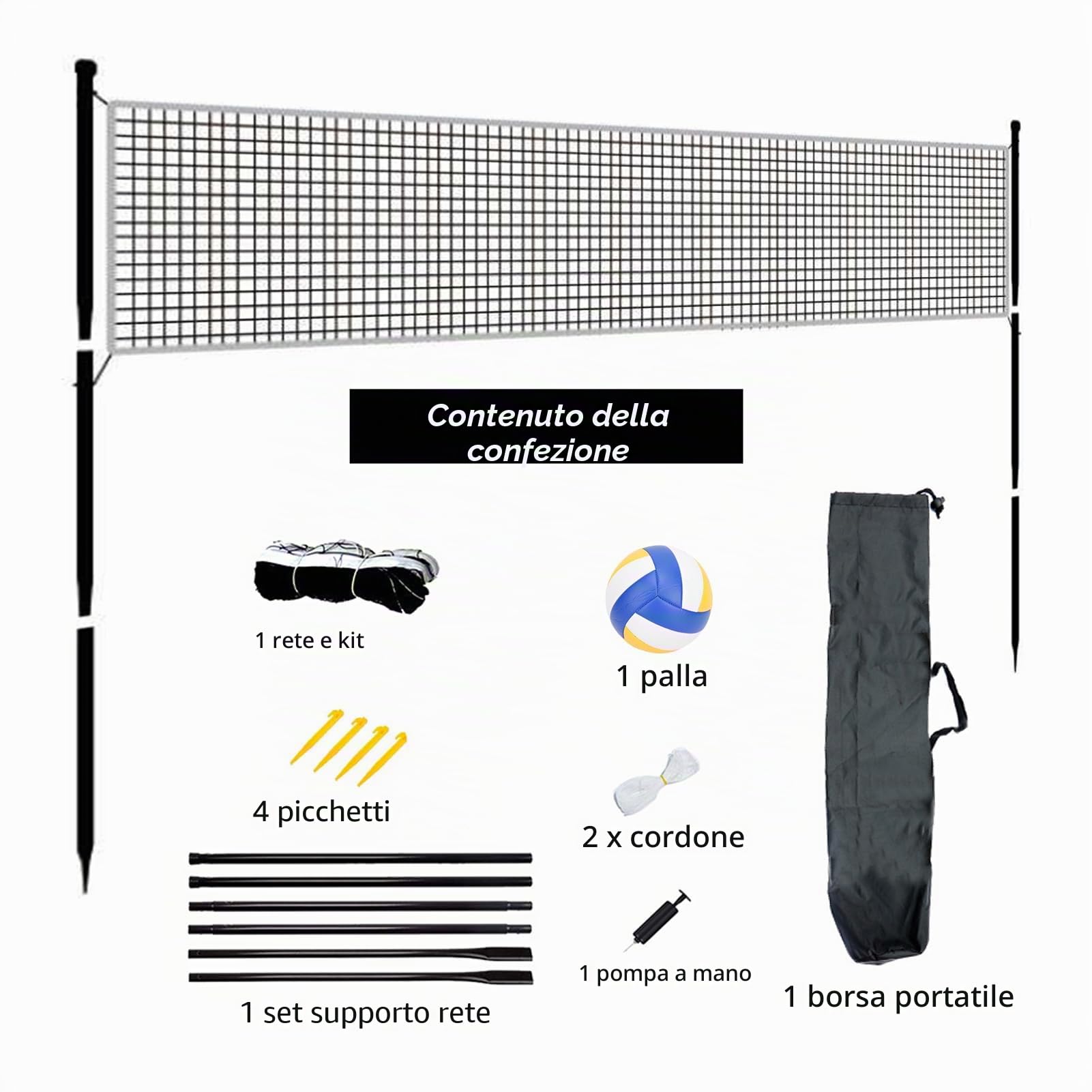 Set completo per pallavolo portatile, rete da beach volley e kit per palloni con rete regolabile in altezza, borsa per il trasporto per parchi, spiagge, cortile, scuole, erba
