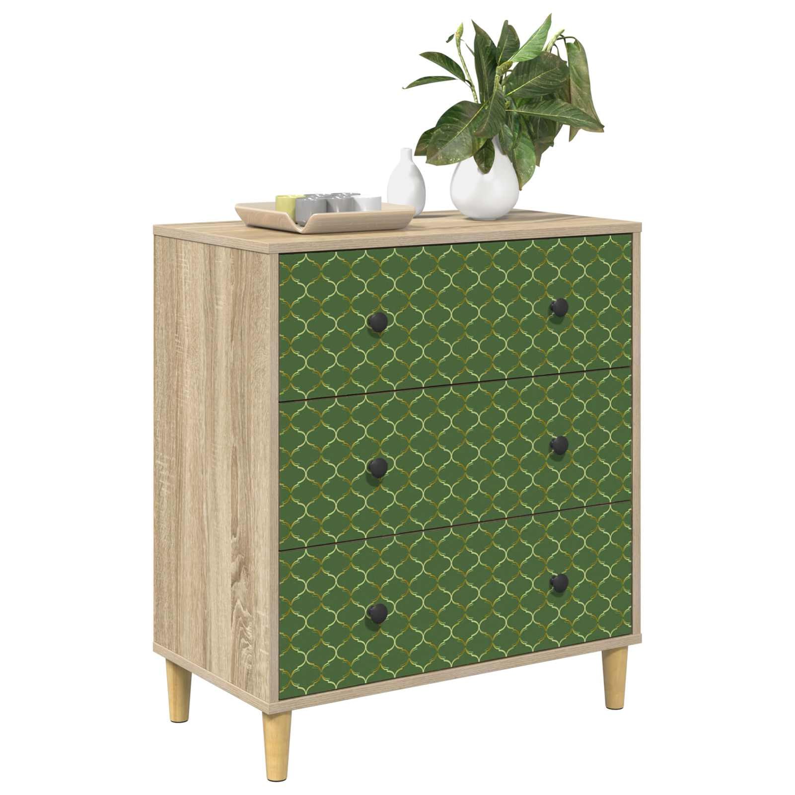 Homgoday Kommode GELEEN Smaragd geometrisches Muster 66 x 36,5 x 75 cm Holzwerkstoff Sonoma, 3 Schubladen, Stauraum, erhöhte Füße, für Schlafzimmer, Wohnzimmer 8007351