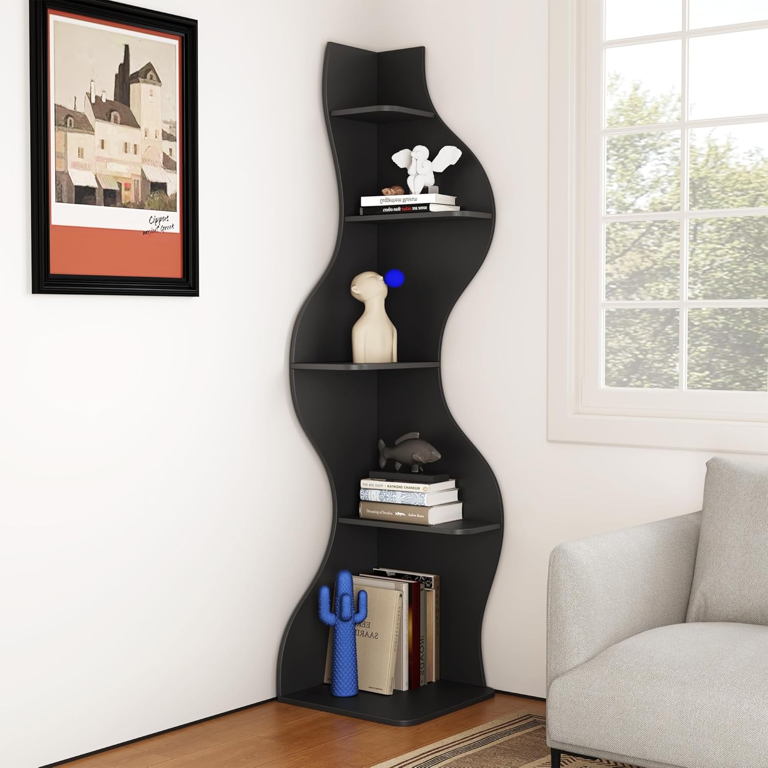 YOWOS Modern Corner Shelf, 5 Tier High Corner Bookshelf for Small Spaces, Scalloped Corner Bookshelf and Storage, Wooden Display Stand for Plants, Books and Decorations (Black)
