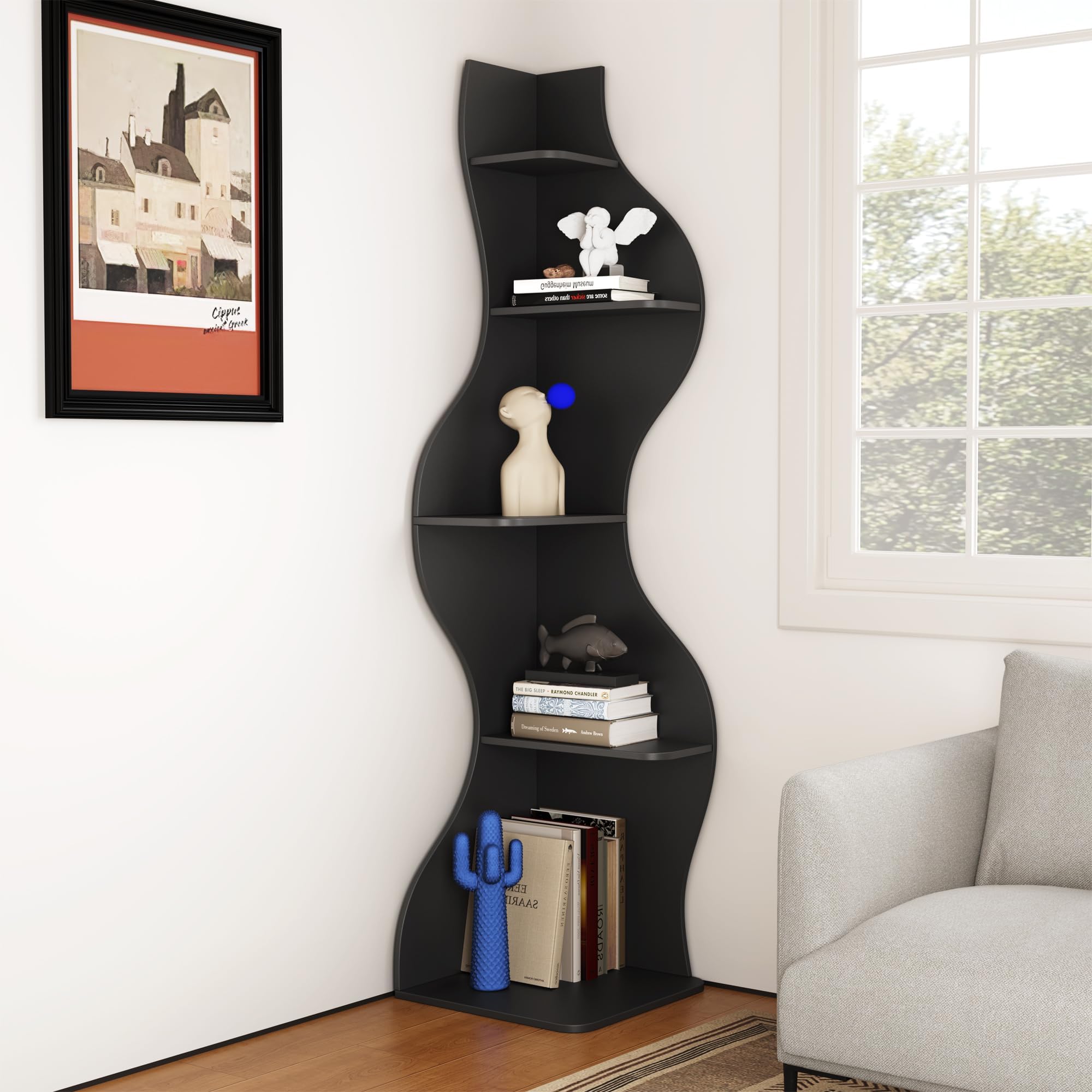 Modern Corner Shelf, 5 Tier High Corner Bookshelf for Small Spaces, Scalloped Corner Bookshelf and Storage, Wooden Display Stand for Plants, Books and Decorations (Black)