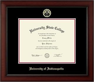 University of Indianapolis 11"w x 8.5"h Diploma Frame - Fits a bachelor's, master's and phd - Gold Embossed Diploma Frame - Cherry Moulding with Black and Red Matting - Officially Licensed
