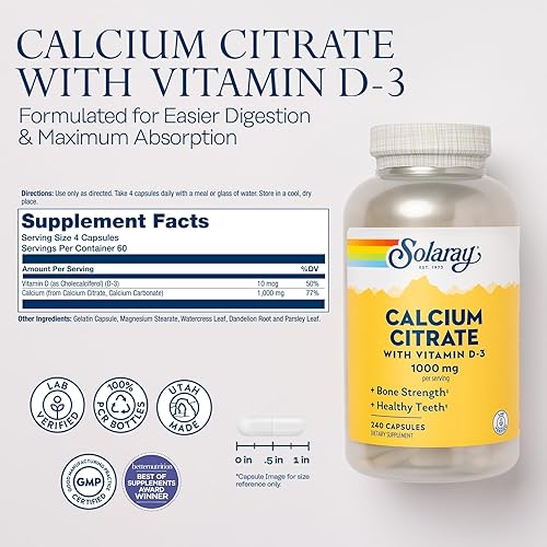Miniatura 2 de Solaray Citrato de calcio con vitamina D3 1000 mg huesos y dientes saludables soporte para corazón músculos y nervios 60 porciones 240 cápsulas