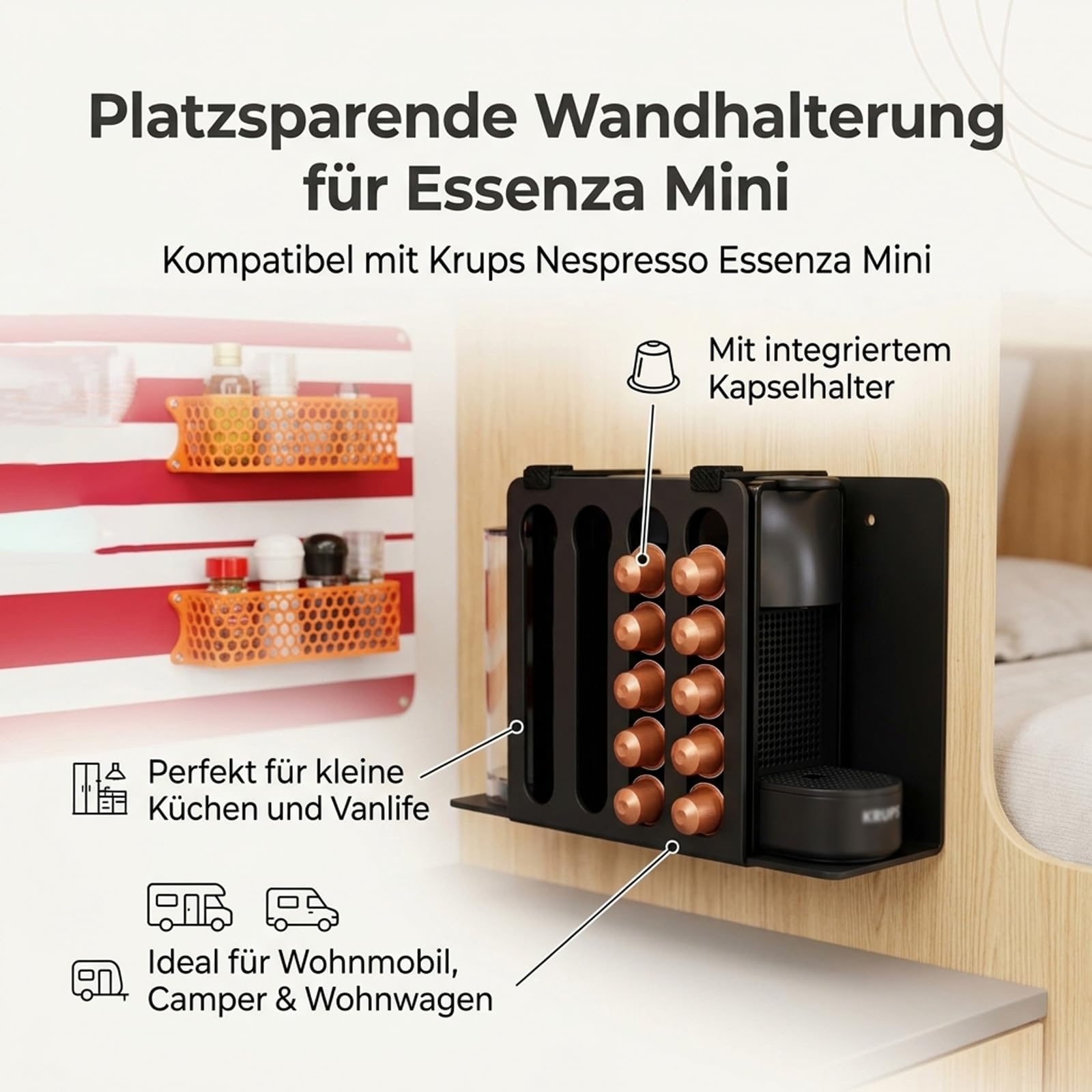 Wandhalterung kompatibel mit Krups Nespresso Essenza Mini, mit Kapselhalter, platzsparende Halterung für Wohnmobil, Camper, Wohnwagen und kleine Küchen
