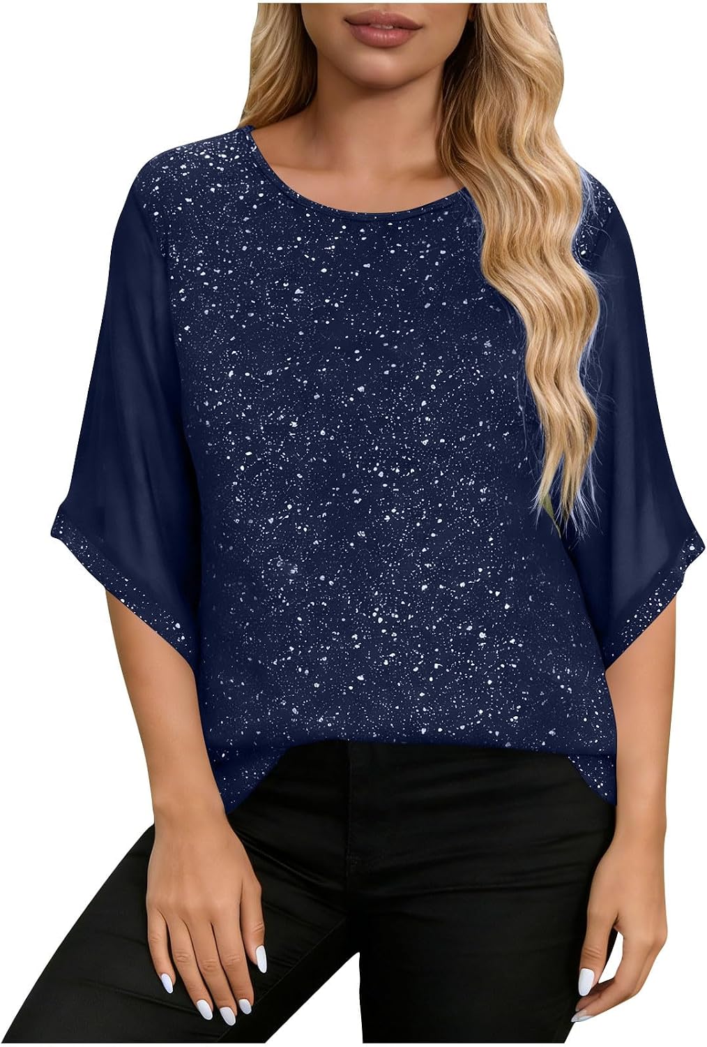 Womens Sparkly Tops Elegant Loose Fit Short Sleeve Crew Neck T Shirts Flowy Plus Size Business Work Blouse