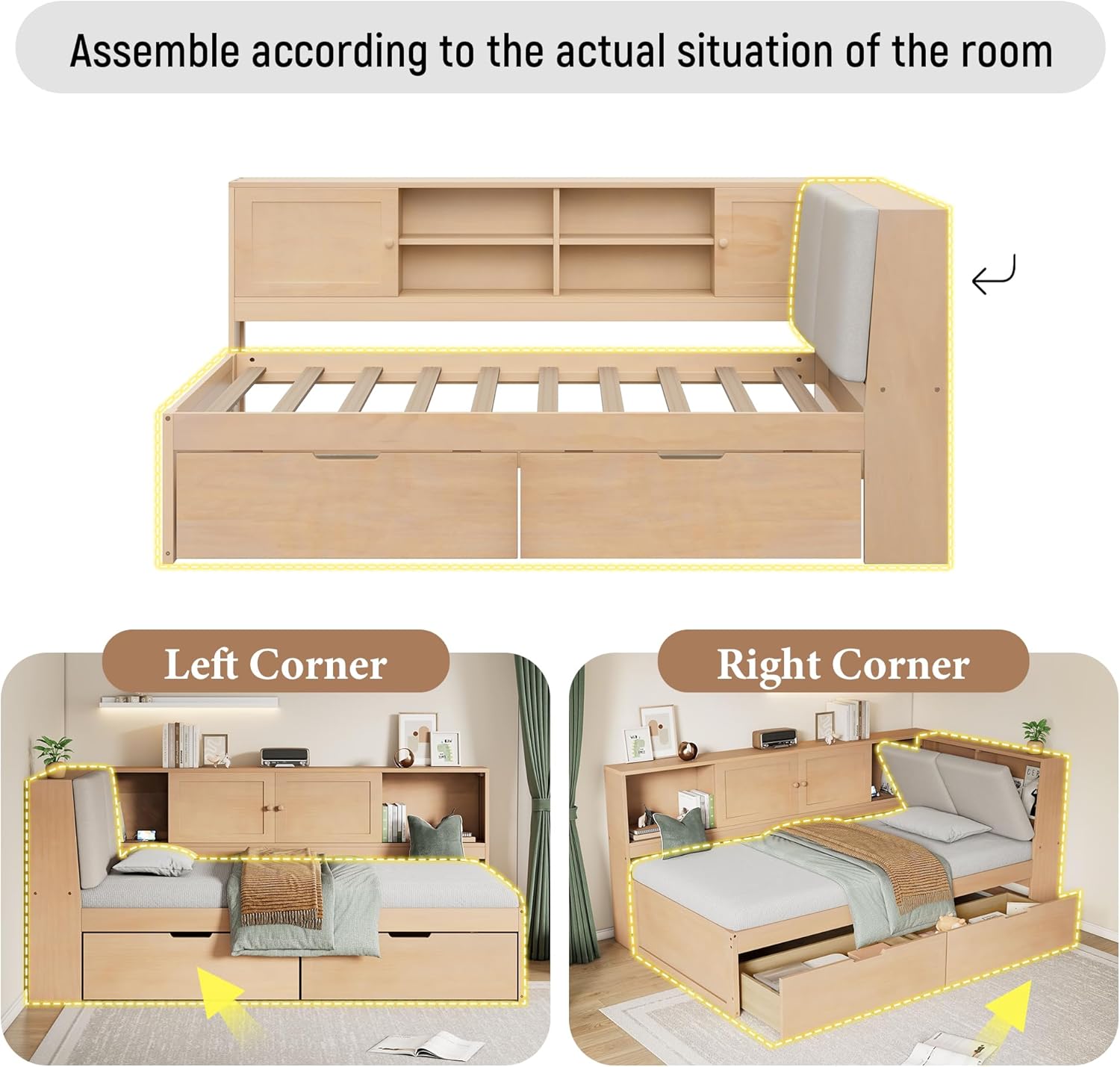 Harper & Bright Designs Twin Size Wooden L Shaped Daybed with Storage Bookcase, Twin Size Corner daybed Frame with Drawers, No Box Spring Needed, Easy Assembly, Natural