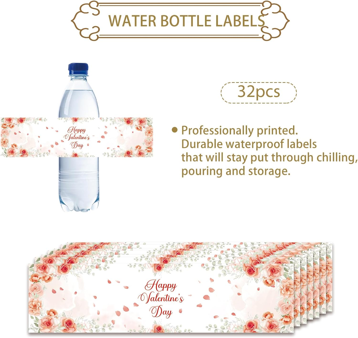 32pcs Valentine's Day Water Bottle Labels, Red Rose Floral Water Bottle Stickers, Romantic Floral Flowers Stickers for Happy Valentine's Day/Anniversary Party Decoration image 2