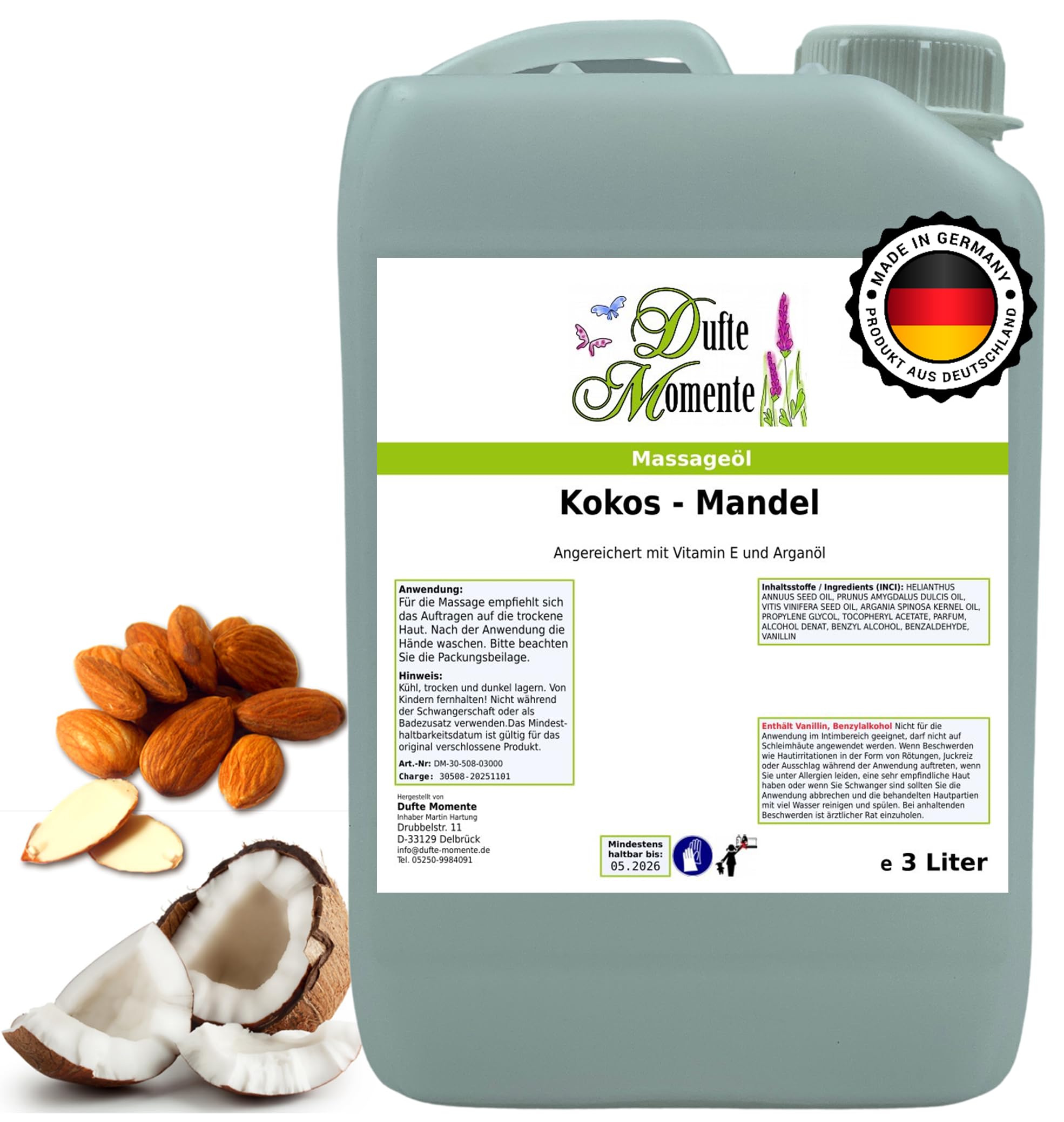 Dufte Momente Massageöl Kokos-Mandel – Paraffinölbasis – 3 Liter – warm & cremig – hohe Gleitfähigkeit für Wellness & Studio – Made in Germany