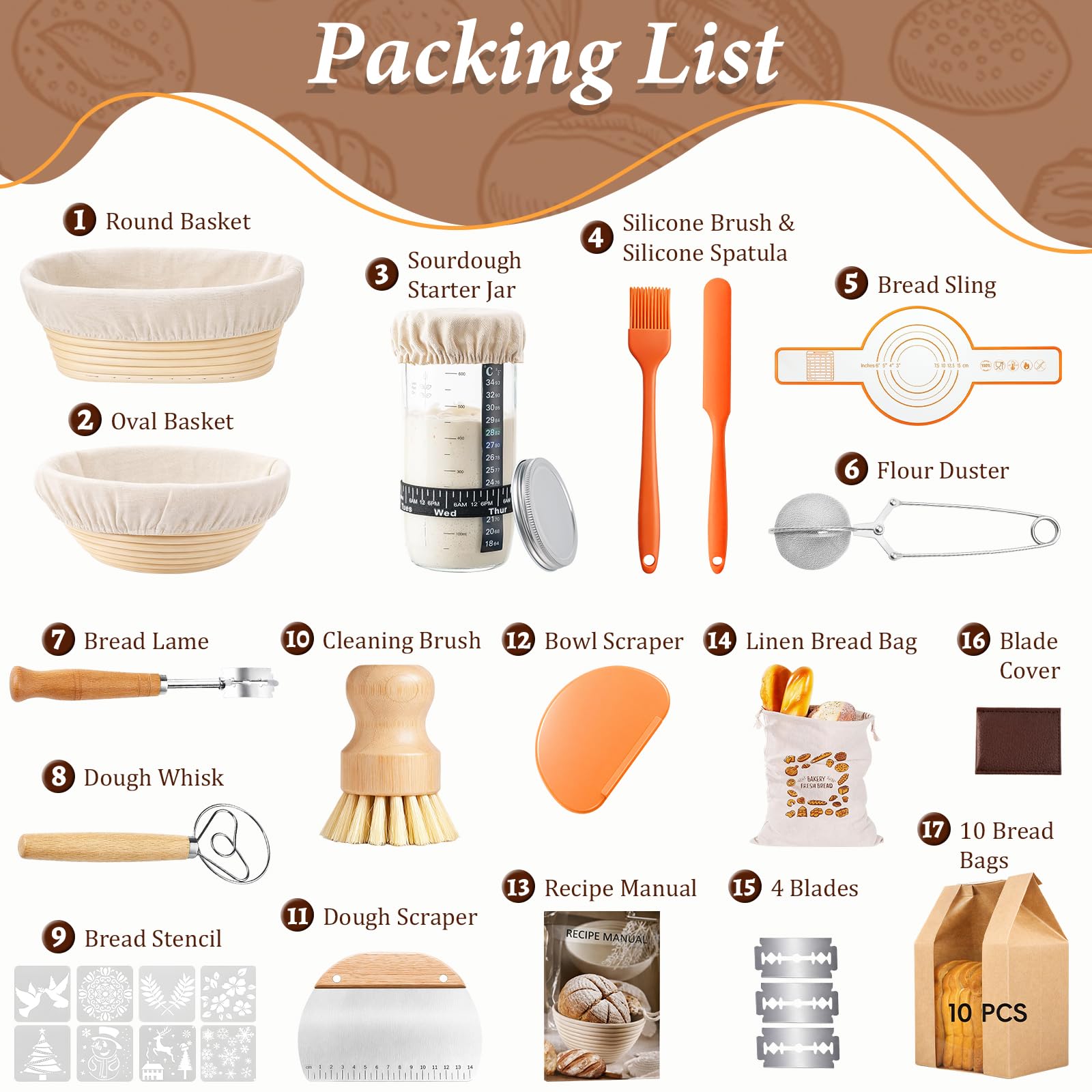 Banetones Para Pan, 18 Piezas Juego de Cestas para Fermentar Pan, Banneton Redondo y Ovalado, 650ml Vaso de Masa Madre, Sourdough Starter Kit, Kit Completo de Panadero