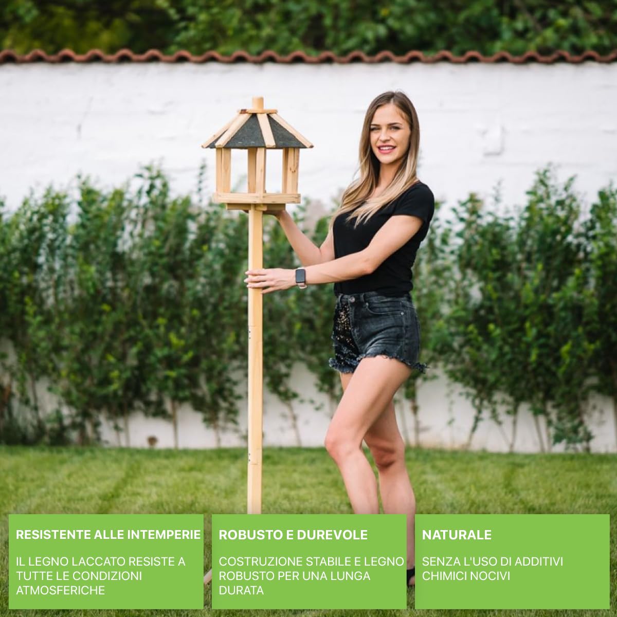 ITA Casetta per Uccelli 37x33x35 cm in Legno con Supporto - Mangime per Uccelli Selvatici - Resistente alle Intemperie, Stabile e Robusta